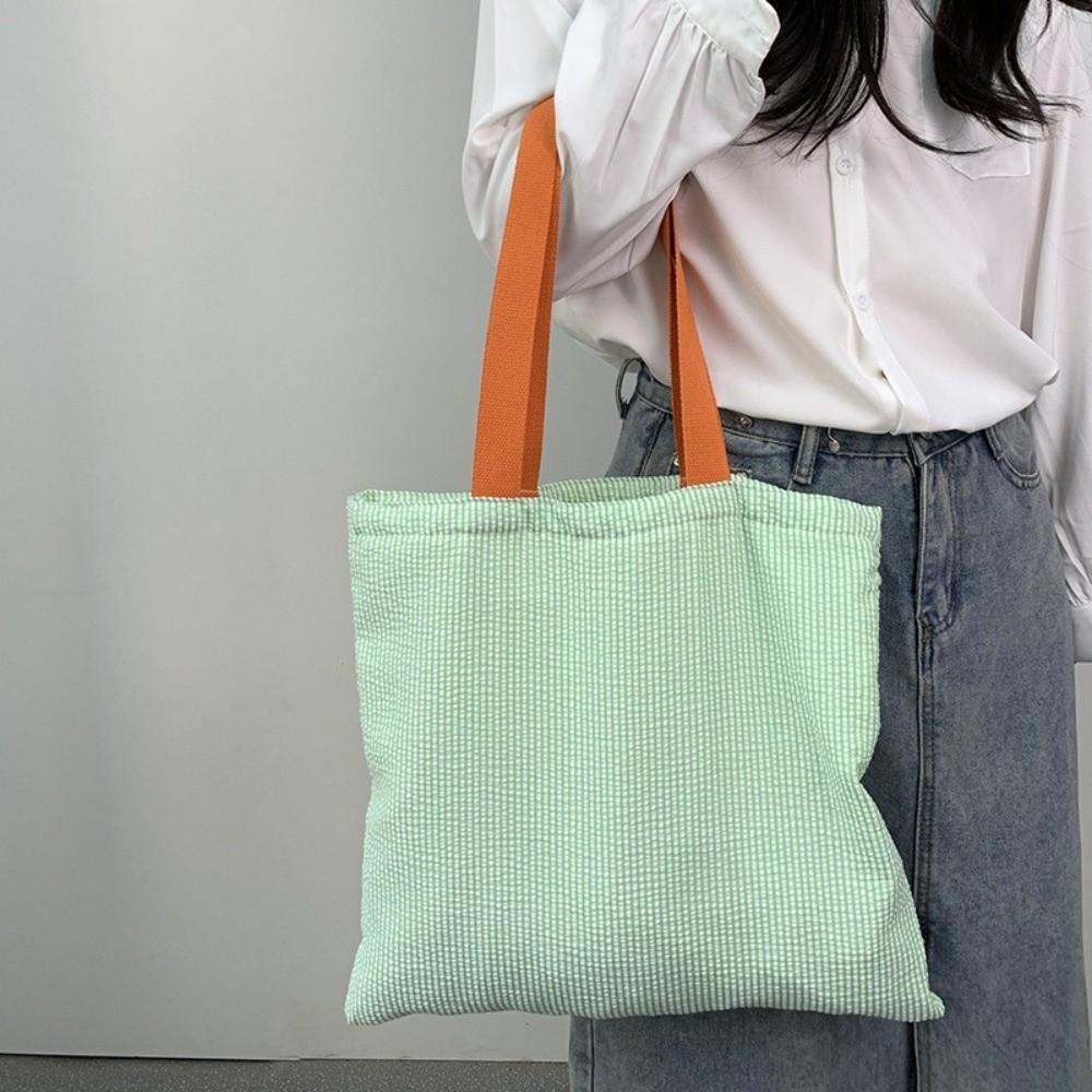 Stripe Contrast Color Canvas Shoulder Bag Simple Design Vintage Style Zipper Handbags Large Capacity Patchwork Shopping Bag