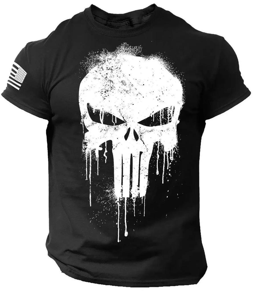 Military Patriotic Skull 3D Printed Men's T-shirt, Large Autumn T-shirt, Short Sleeved Sportswear