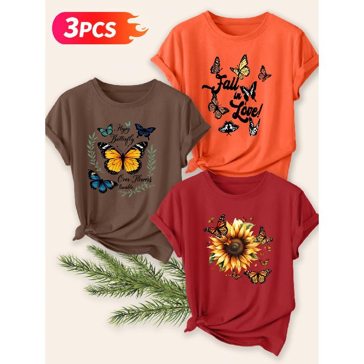 Three-piece Set Elegant Short-sleeved Shirt for Women Butterfly and Sunflower Print Round Neck Women's T Shirt Suitable for Spring