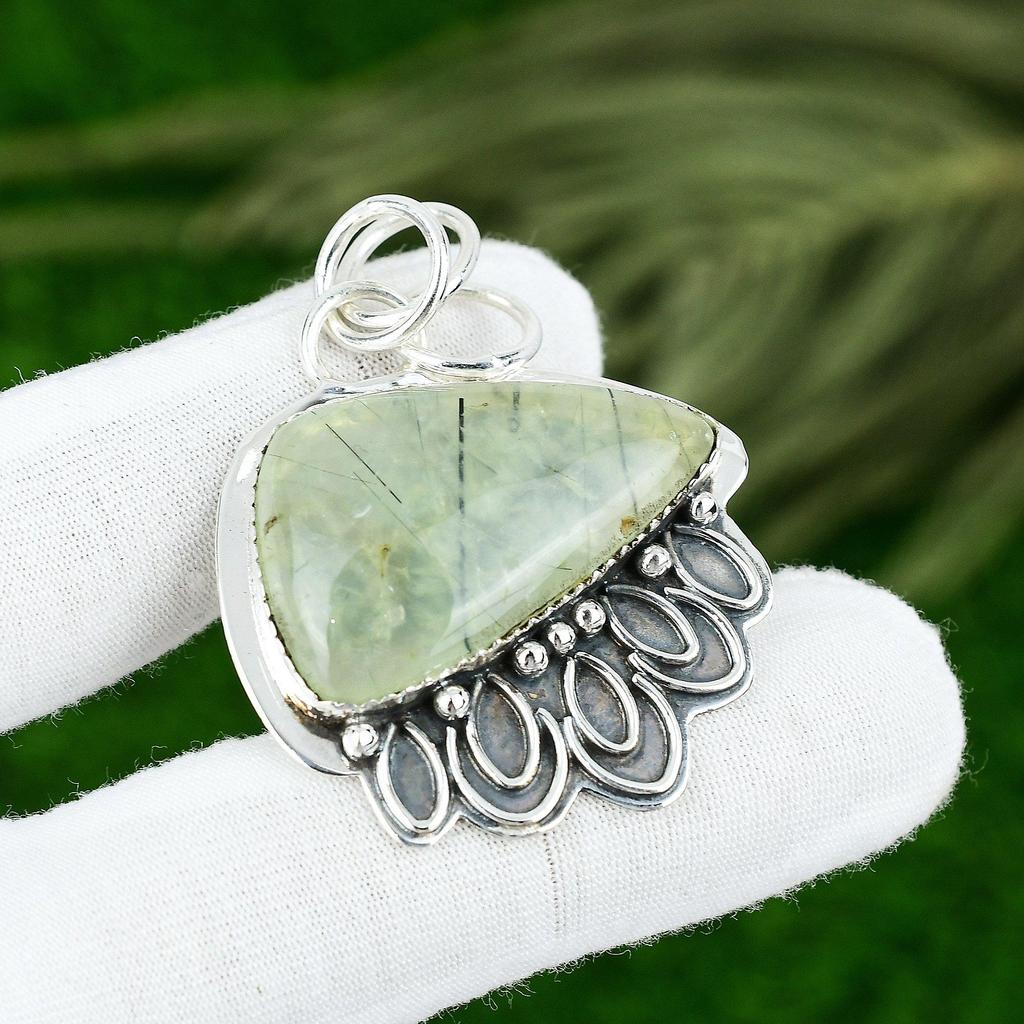925 Sterling Silver Trillion Natural Moss Prehnite Daughter Bezel Boho Pendant