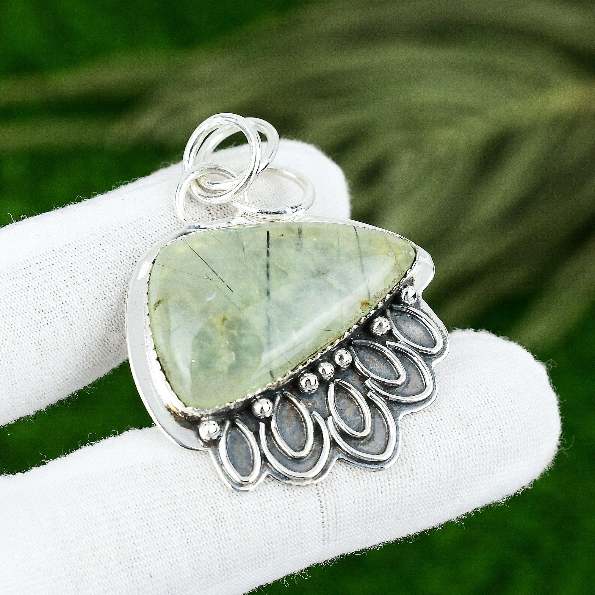 

925 Sterling Silver Trillion Natural Moss Prehnite Daughter Bezel Boho Pendant