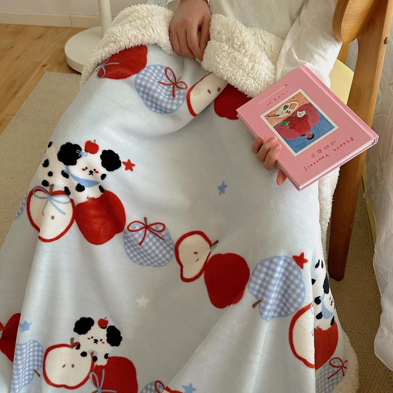 Cartoon Puppy Faux Lambs Wool Blanket Double Layer Thick Warm Fleece Throw Blanket for Sofa Bed Spring Autumn Soft Plush Blanket