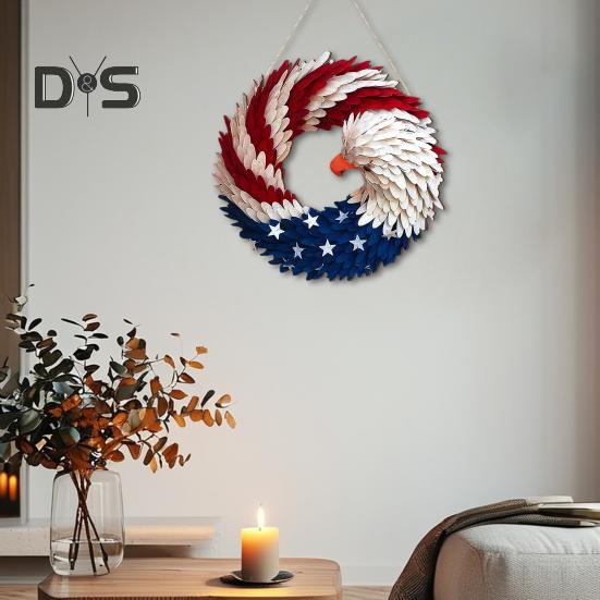 Wooden Eagle Door Sign American Renewed Wings Wreath 4th of July Independence Day Decoration Patriotic Hanging Wreath for Home Wall Porch Office