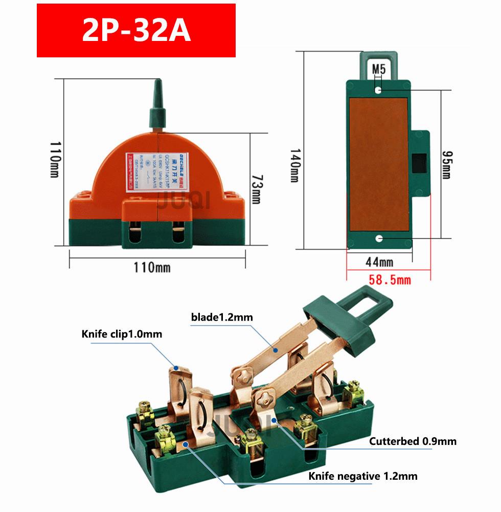 (1)High quality 2P knife switch 32A 63A 100A two-phase knife switch high power 220V double throw Disconnector