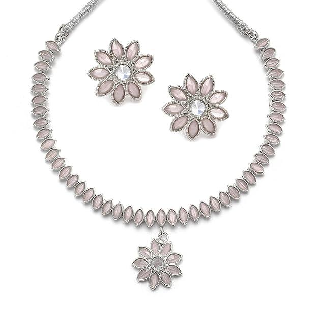 Oxidised Silver-Plated Flower & Leaf American Diamond Studded Necklace Earrings Jewellery Set for Girls and Women