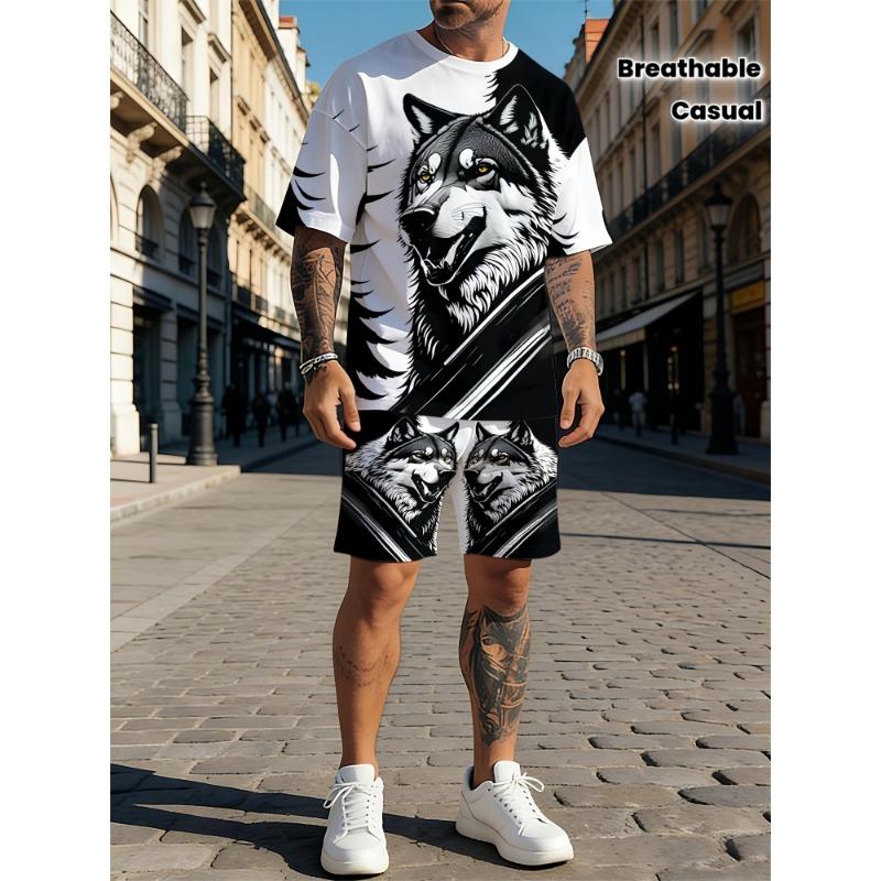 Men s Hip Hop Style Set: White Base with Contrast Black Wolf Motif  Shorts. Trendy Urban Fashion Plus Size for Outdoor  City Walk S разноцветный