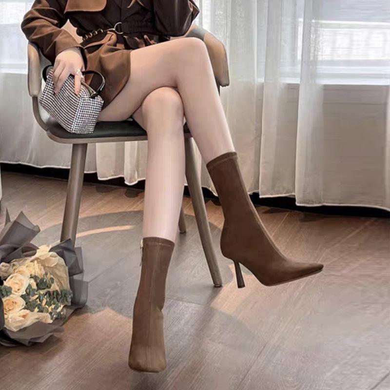 High-heeled short boots women's autumn new thin-heeled medium tube small square head thin temperament suede elastic boots
