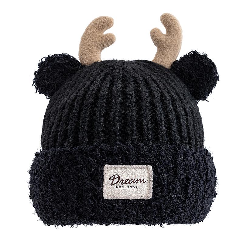 New Women Cute Plush Fur Warm Winter Hat Young Trendy Knitted Hat With Deer Horn Ear Girls Lovely Elegant Fur Winter Cap
