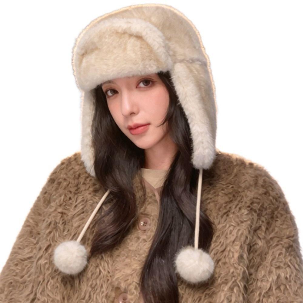 Polyester Trapper Ear Flap Hat Pom Poms Thick Plush Winter Hat Warm Ushanka Hat  Winter Season