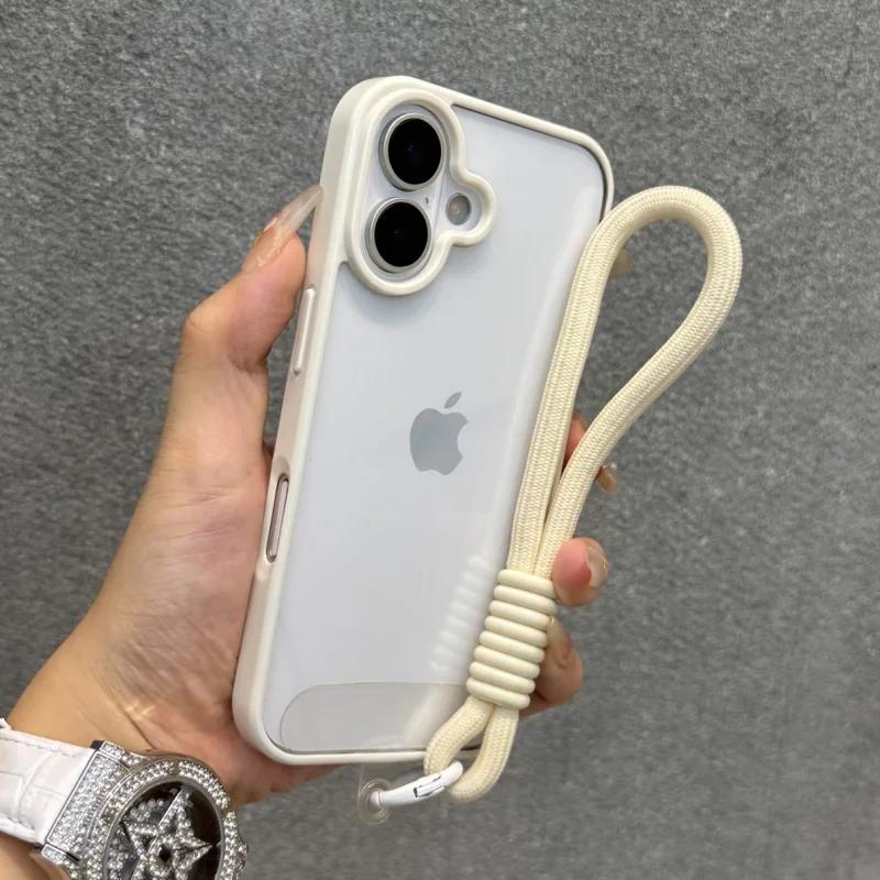 Luxury Candy Color Bumper With Lanyard Phone Case For iPhone 17 16 15 14 13 12 11 Pro Max Plus Clear Acrylic Shockproof Cover