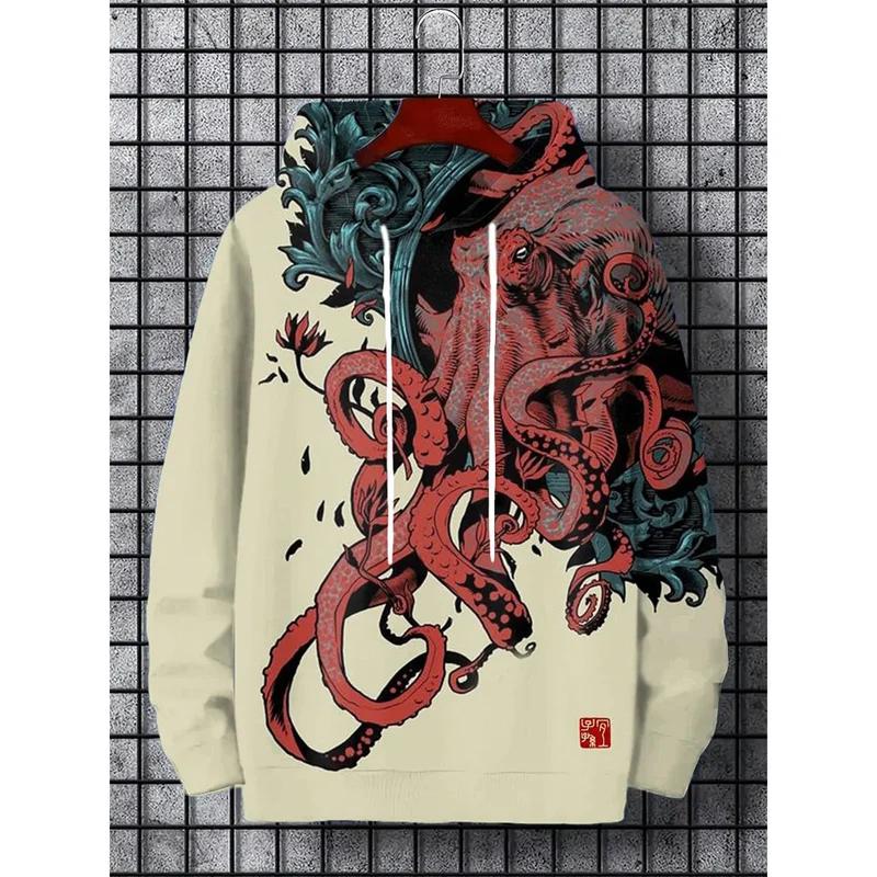 Japanische Harajuku Bedruckte Hoodies für Herren Berg Katze Tentakel Grafik Sweatshirts Lässig Lockeres Sweatshirt Lange Ärmel Pullove