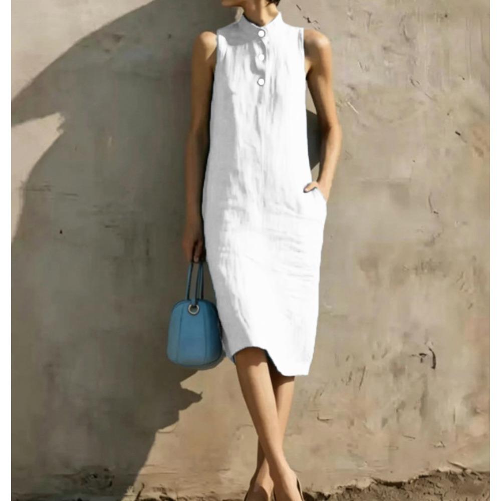 Women's Linen Blend Sleeveless Stand Collar Midi Dress with Button Detail and Pockets