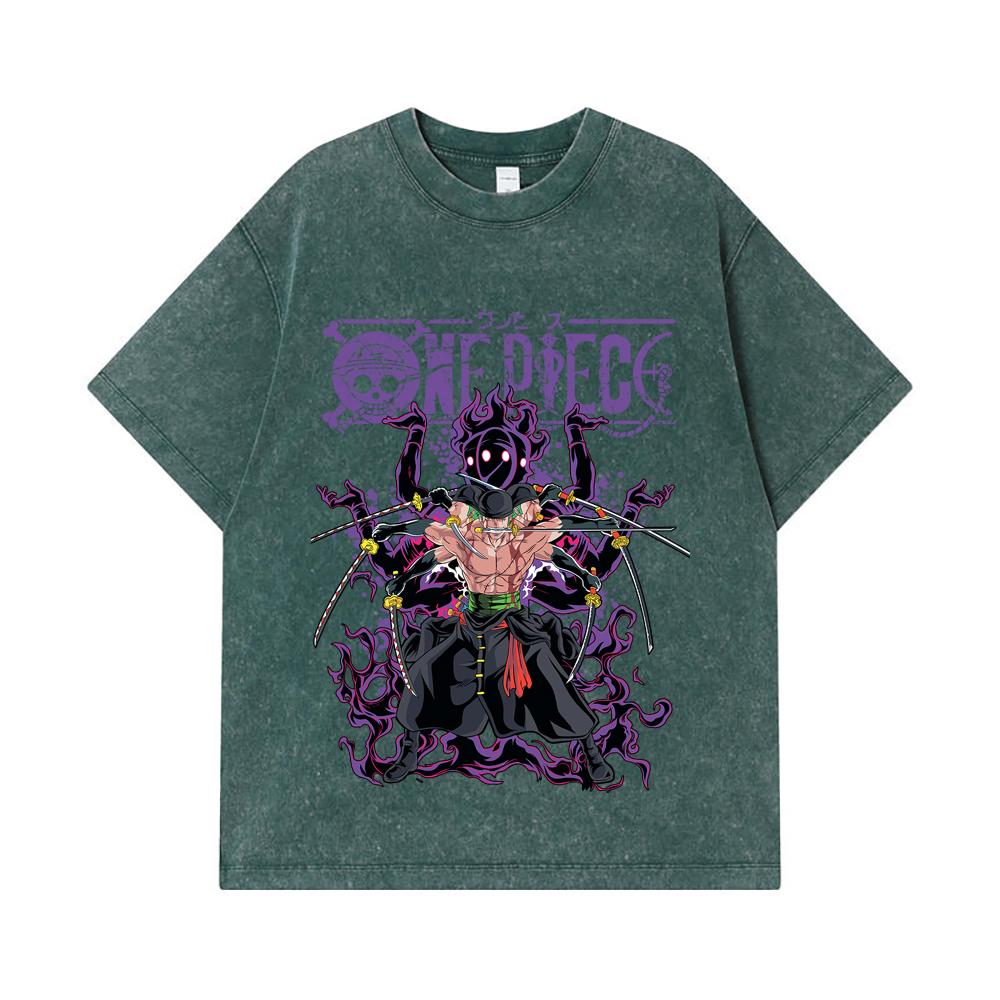 275 GSM Washed T-shirts 100% Cotton One Piece V65 Zoro Print Unisex Heavy Cotton T Shirt