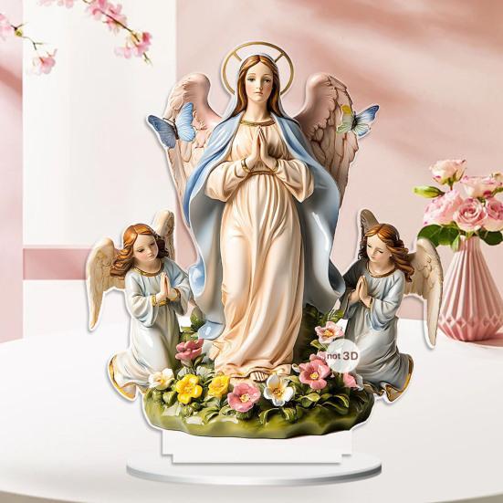 Church Decor Accessories Virgin And Angel Ornament, 2D Acrylic Religious Ornament with Table Base, Catholic Centerpiece, Christian Gift for