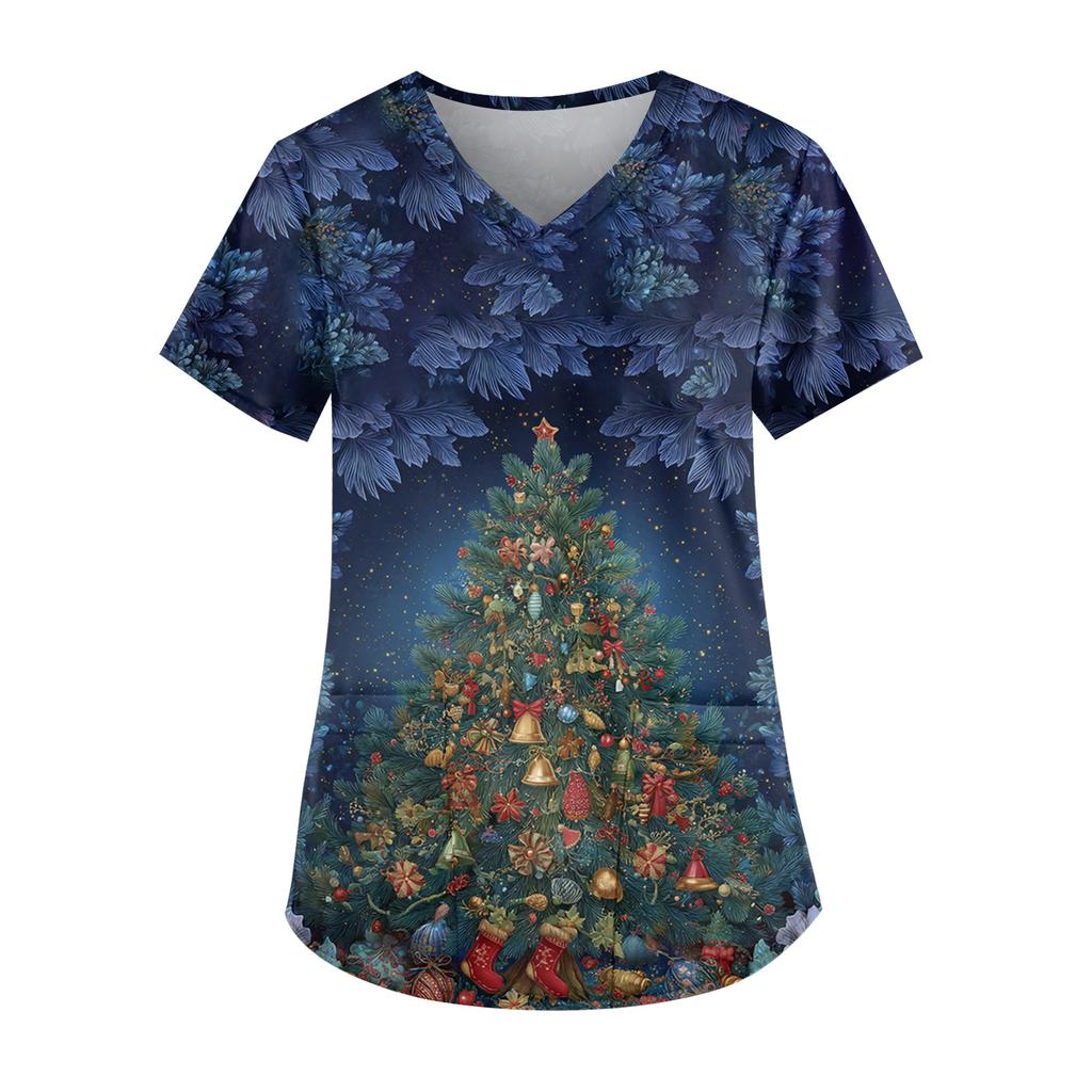 Ladies' Fashionable V-neck Pocket Short Sleeved Christmas Tree Printed Caregiver Uniform