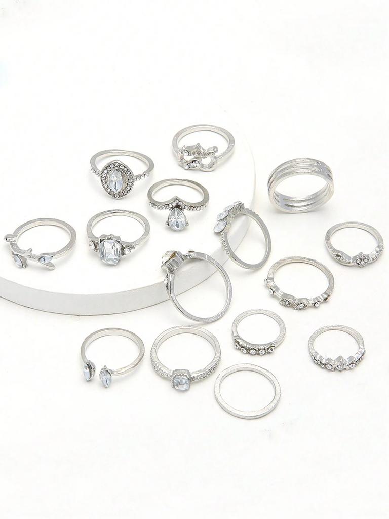 15pcs/Set Knuckle Water Drop Hollow Rhinestone Heart Design Open Rings Vintage Silver Color Women Ring Valentines Jewelry Gifts