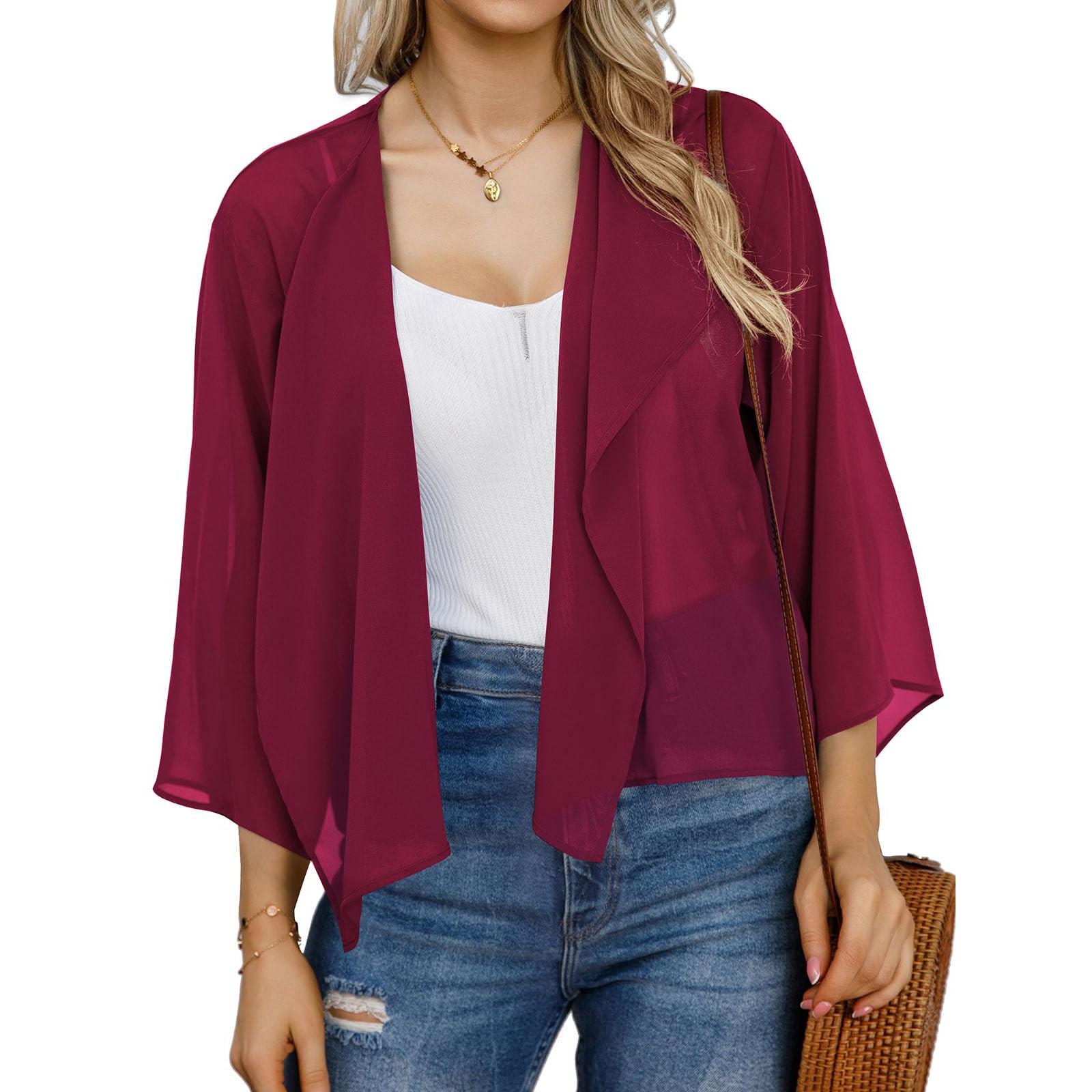 

Жіночий вільний короткий кардиган з шифону однотонного кольору з рукавами-кльош, сонцезахисний топ XXL