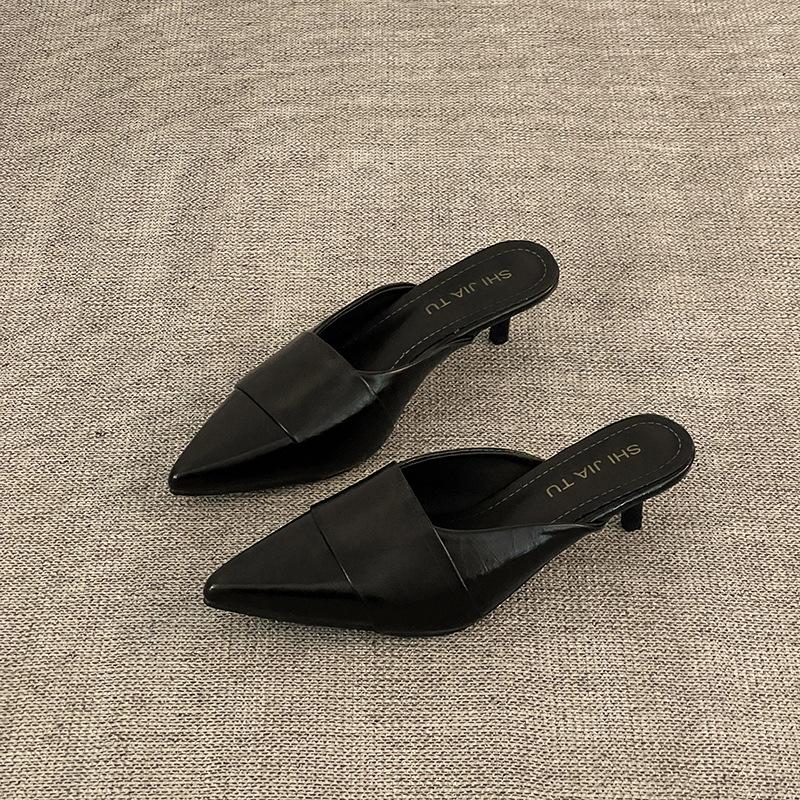 Simple Pointed Head High Heel Bag Head Half Slippers Women's Summer Fashion Versatile Casual Wear Solid Color Thin Heel Cool Slippers Tide