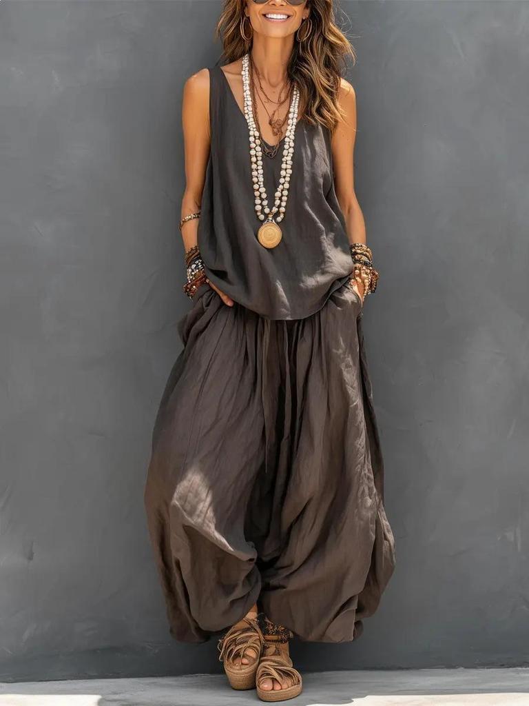 Solid Color Women's V-Neck Sleeveless Vest & Two-Piece Set for Cross-Border E-commerce.