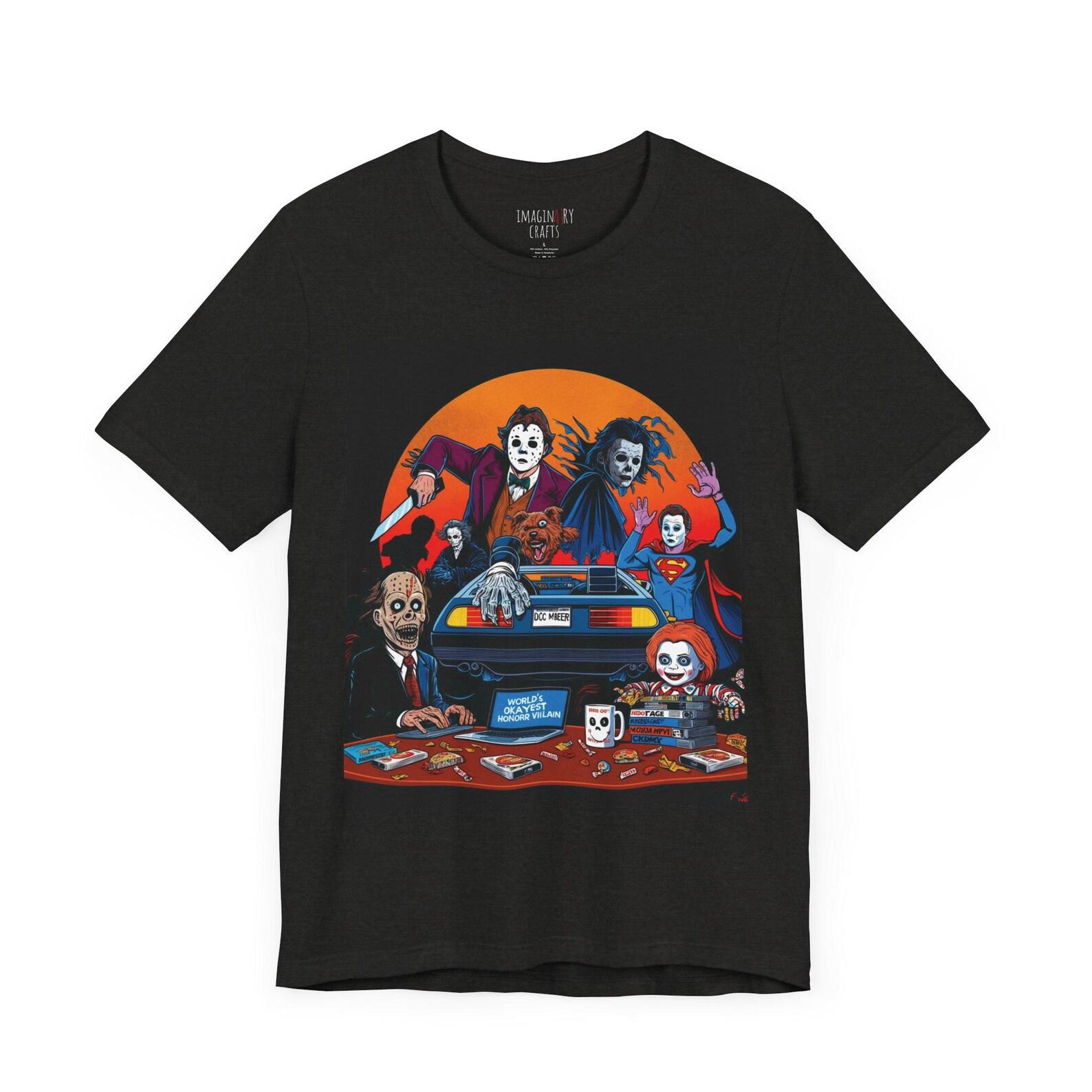 Horror Icons Mashup T-Shirt – Scary Movie Characters Graphic Tee, Unisex Halloween Shirt for Horror Fans 4XL