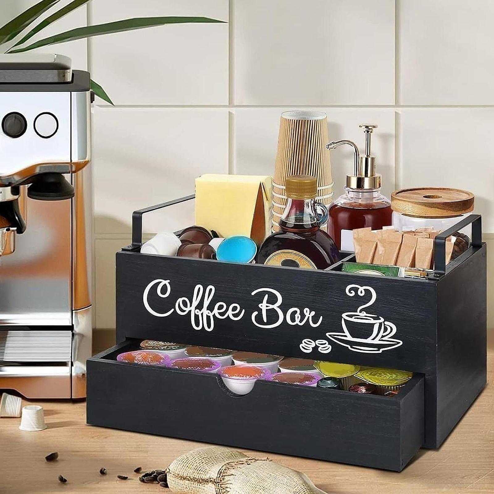 Coffee Station Organizer 2 Layer Farmhouse Rustic Countertop Storage Basket for