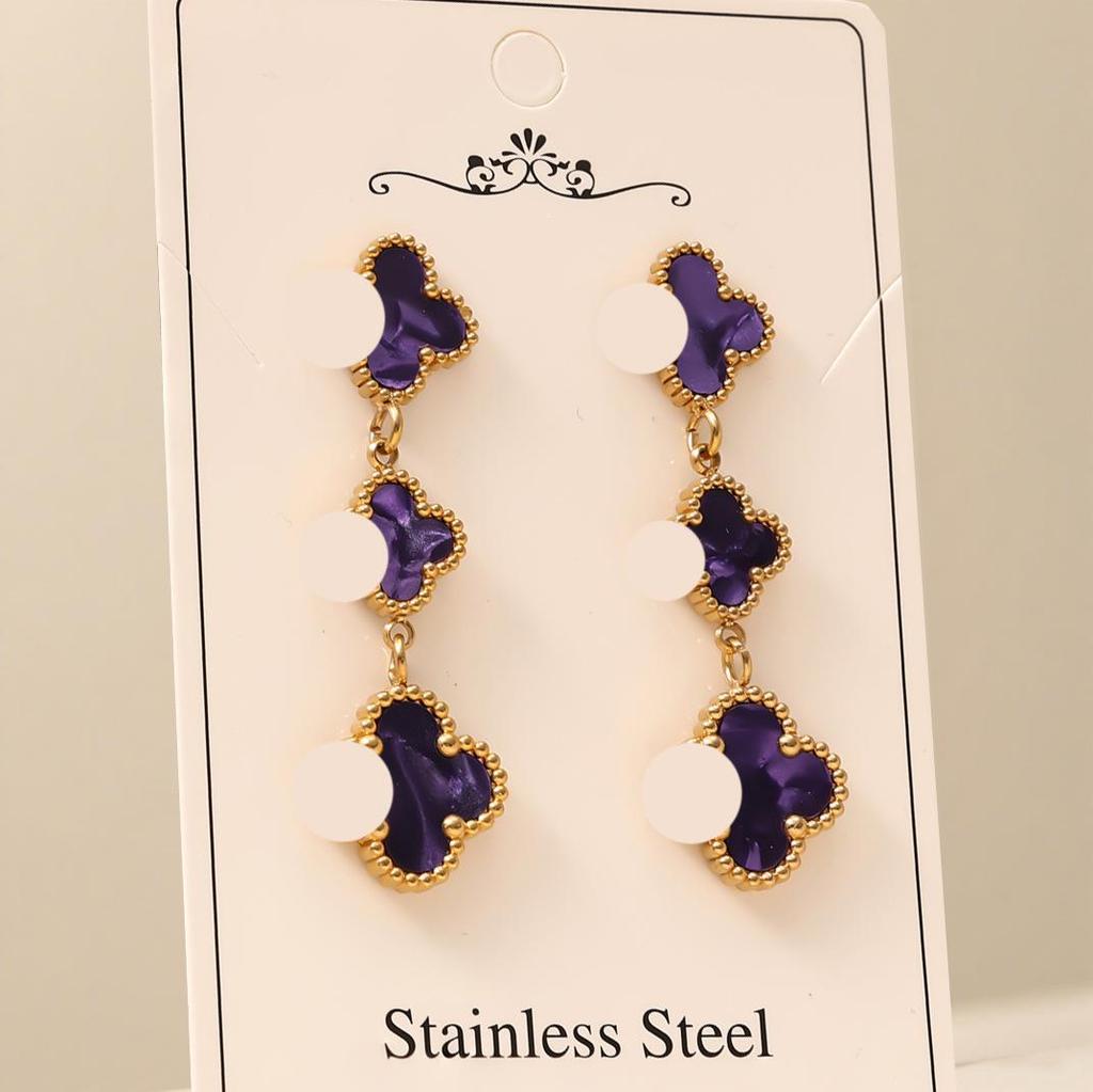 High-End Four-Leaf Clover Tassel Stud Earrings - Stainless Steel, Light Luxury Design