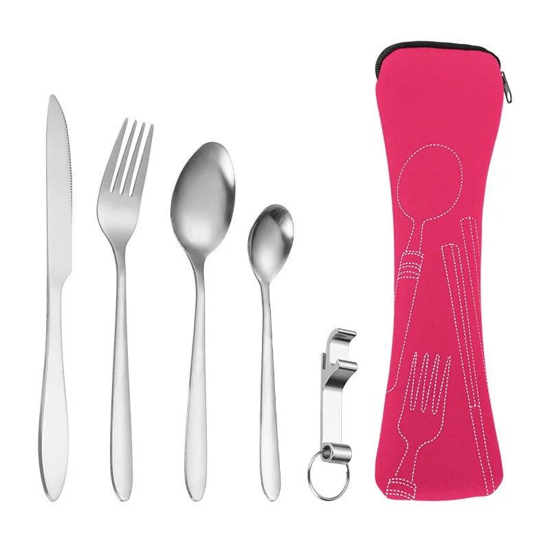 5 stk Beinpakke Utendørs Reise Bærbart Bestikk Kniv, Gaffel, Skje Sett, Rustfritt Stål Kniv, Gaffel Sett Hot Selling