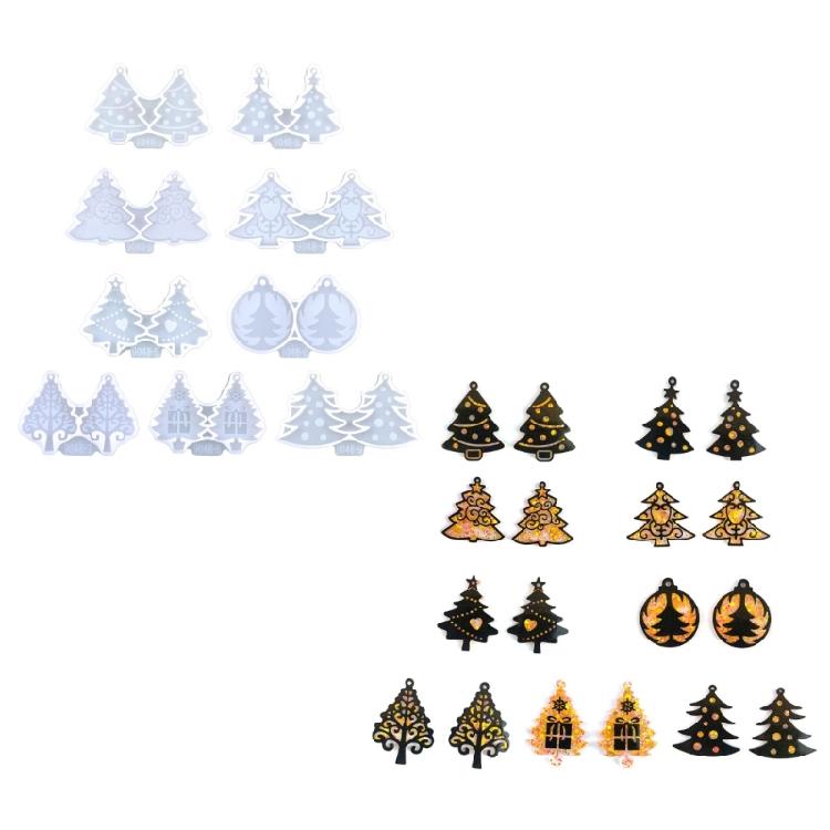 9Pcs Epoxy Geometric Mold Christmas Tree Earrings Pendant Keychain Silicone Mold