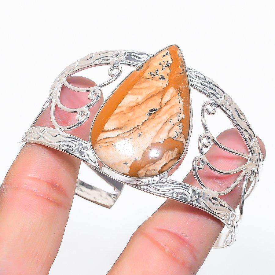Natural Picture Jasper Gemstone 925 Sterling Silver Cuff Bangle Adjustable b3o86