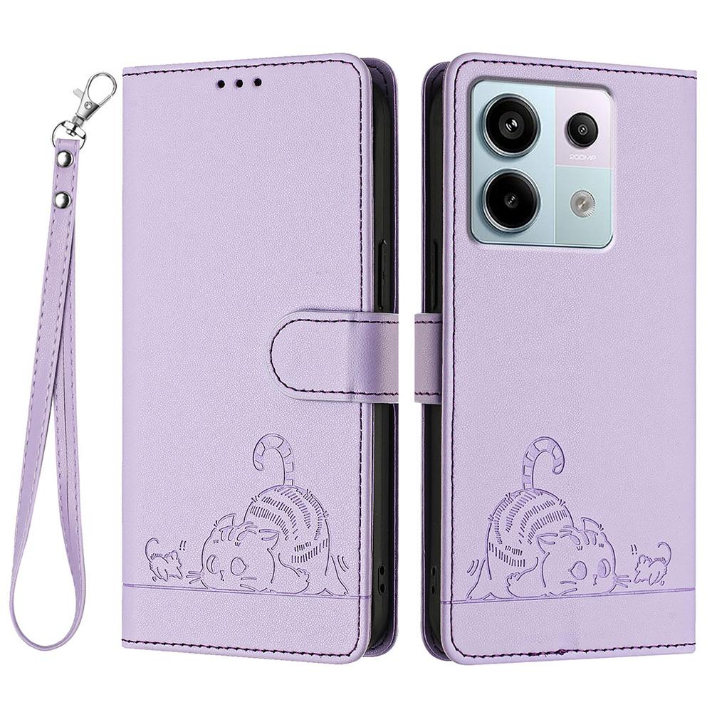 

For Xiaomi Redmi Note 13 Pro 5G/Poco X6 5G Case with Strap RFID Blocking Leather Wallet Phone Cover Cat Mouse Pattern Purple
