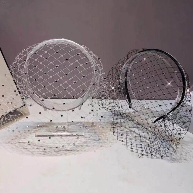 Set of 2 Crystal Face Net Headband Elegant Rhinestones Hair Hoop Ornament Wedding Fascinator Stylish Jewelry for Parties