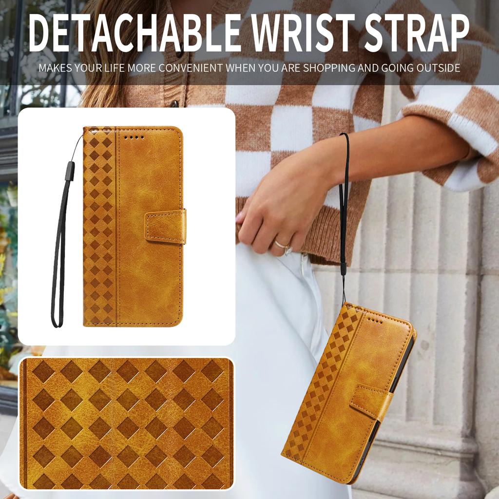For Xiaomi Poco M7 Pro 5G/Xiaomi Redmi Note 14 5G Leather Case Wallet Stand Grids Imprinted Phone Cover with Strap