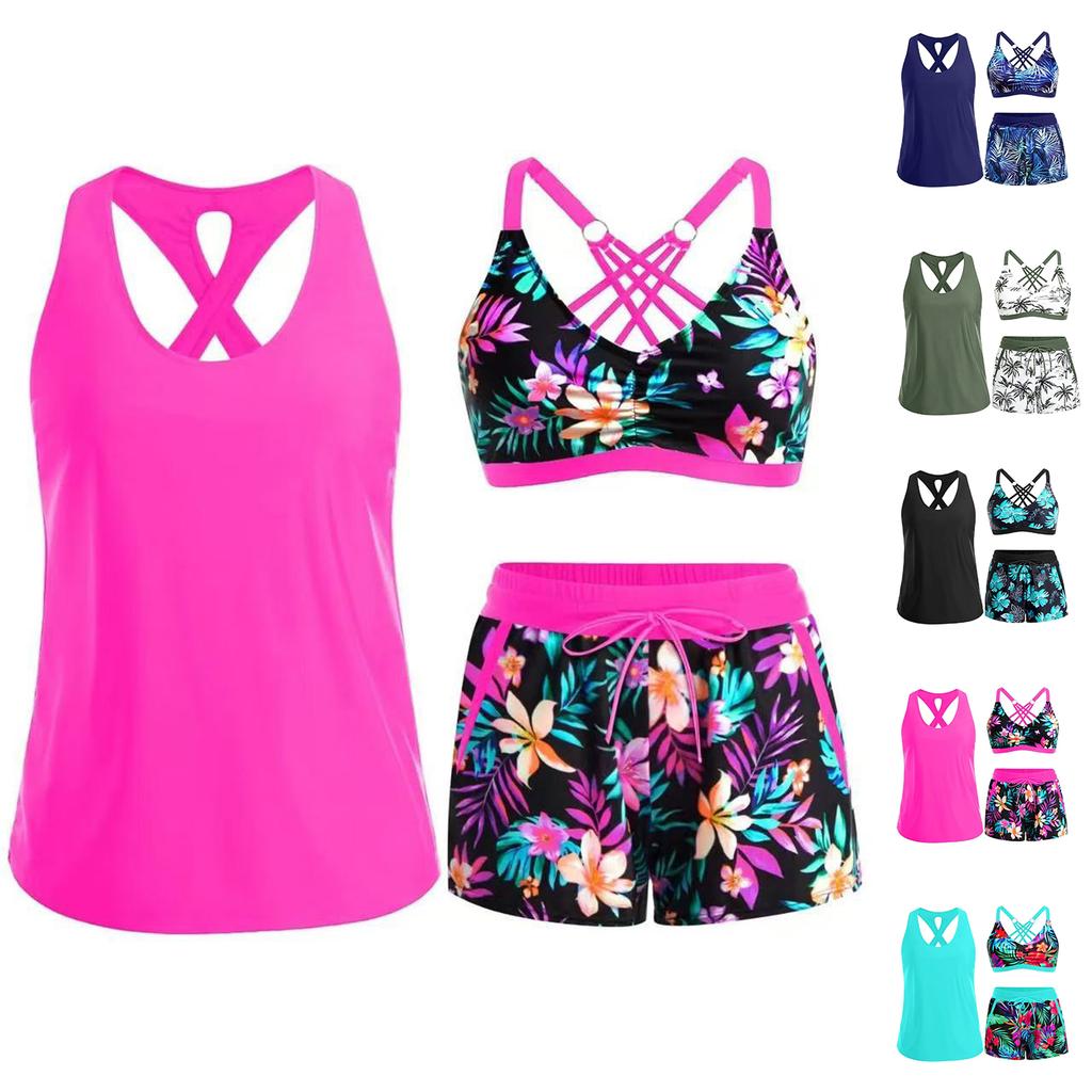 Women’s Three Piece Tankini Swimsuit Set with Crisscross Back Design High Waist Printed Shorts and Swim Top for Beach Pool