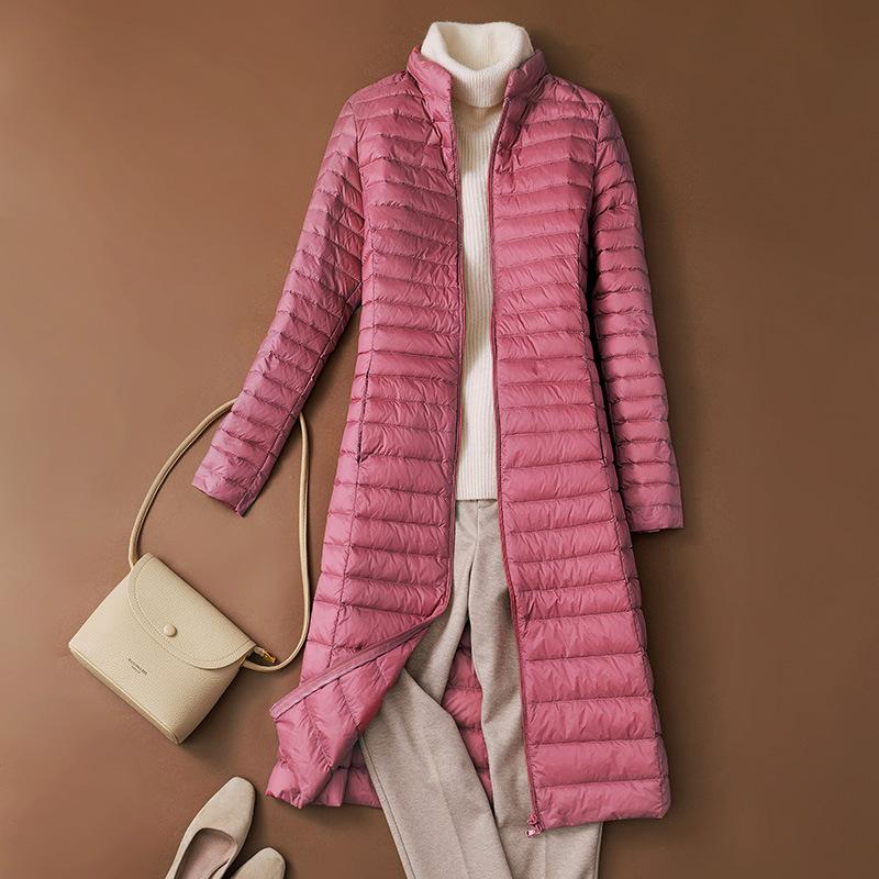 Woman's Ultra Light Down Jackets Stand Collar Slim Knee Length White Duck Down Coats Women Down Parkas Lady Overcoats