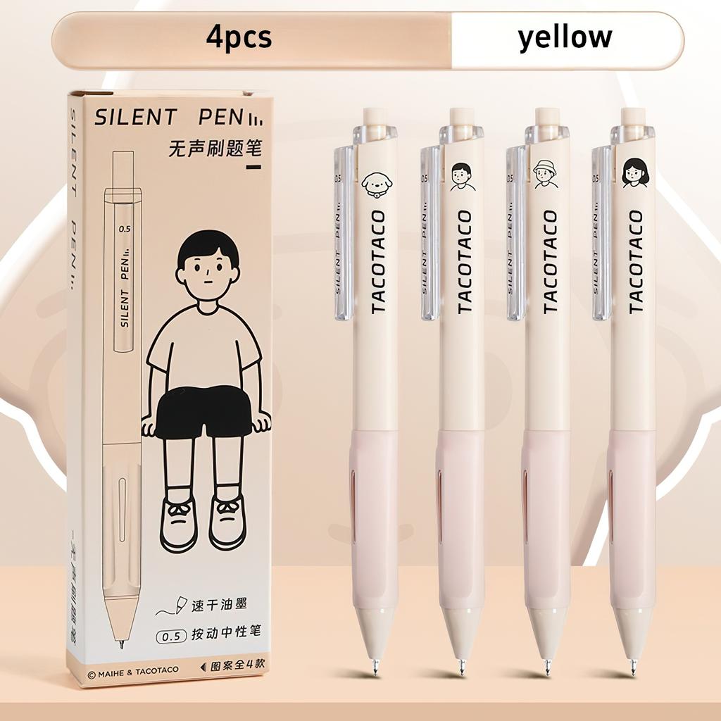4pcs Silent Pens Set Cartoon Design TacoTaco 0.5mm Ballpoint Black Color Quick-dry Gel Ink for Writing Office School A3015