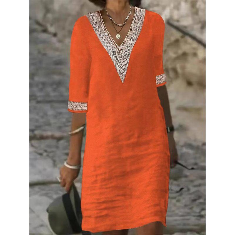 

Summer European and American Women s Clothing Amazon Independent Station Solid Color and V-neck Lace Edge Half Sleeve Cotton Linen Casual Dress Dress Orange M