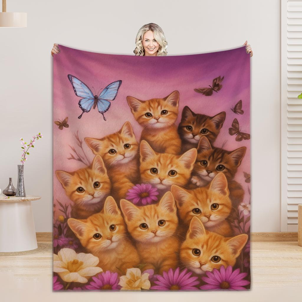 Cute Cats Butterfly Flannel Blanket Polyester Machine Washable Comfortable For Girls And Boys Sofa Bed House Decor Birthday Gift