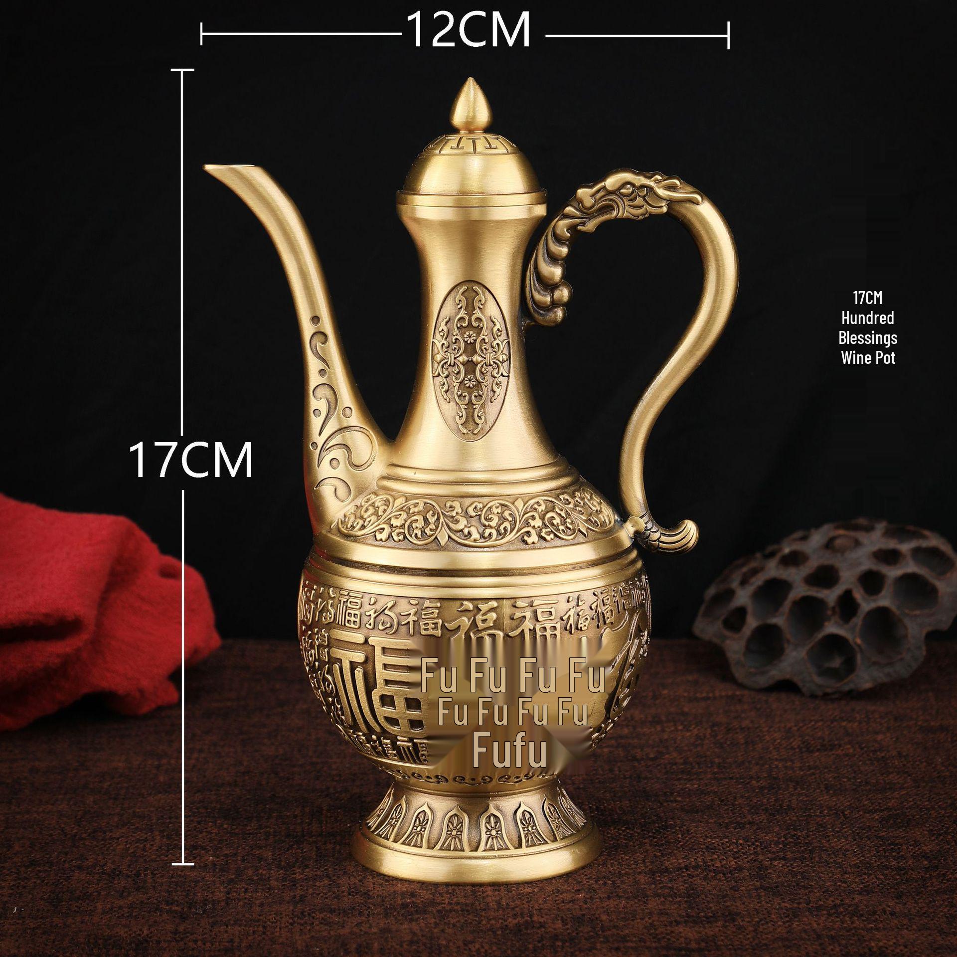 Traditional Copper Wine Pot & Brass Cup Set with Dragon and Phoenix Design