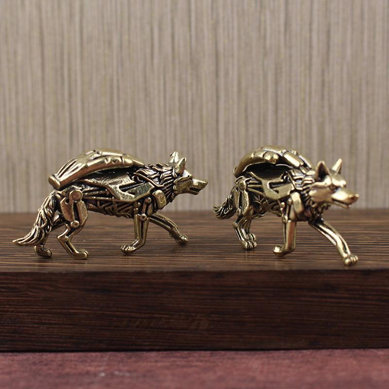 Saf Pirinç Kurt Heykeli Masaüstü Süsü Çay Seti, Vintage Bronz Hayvan Figürü Minyatür Dekorasyon