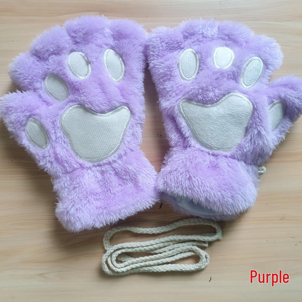 Women's Cute Cartoon Bear Paw Fingerless Plush Gloves with Hanging Neck
