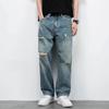 American high street ripped jeans men's summer thin loose straight trendy retro casual wide-leg trousers