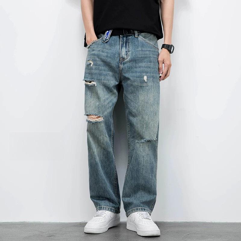 American high street ripped jeans men's summer thin loose straight trendy retro casual wide-leg trousers