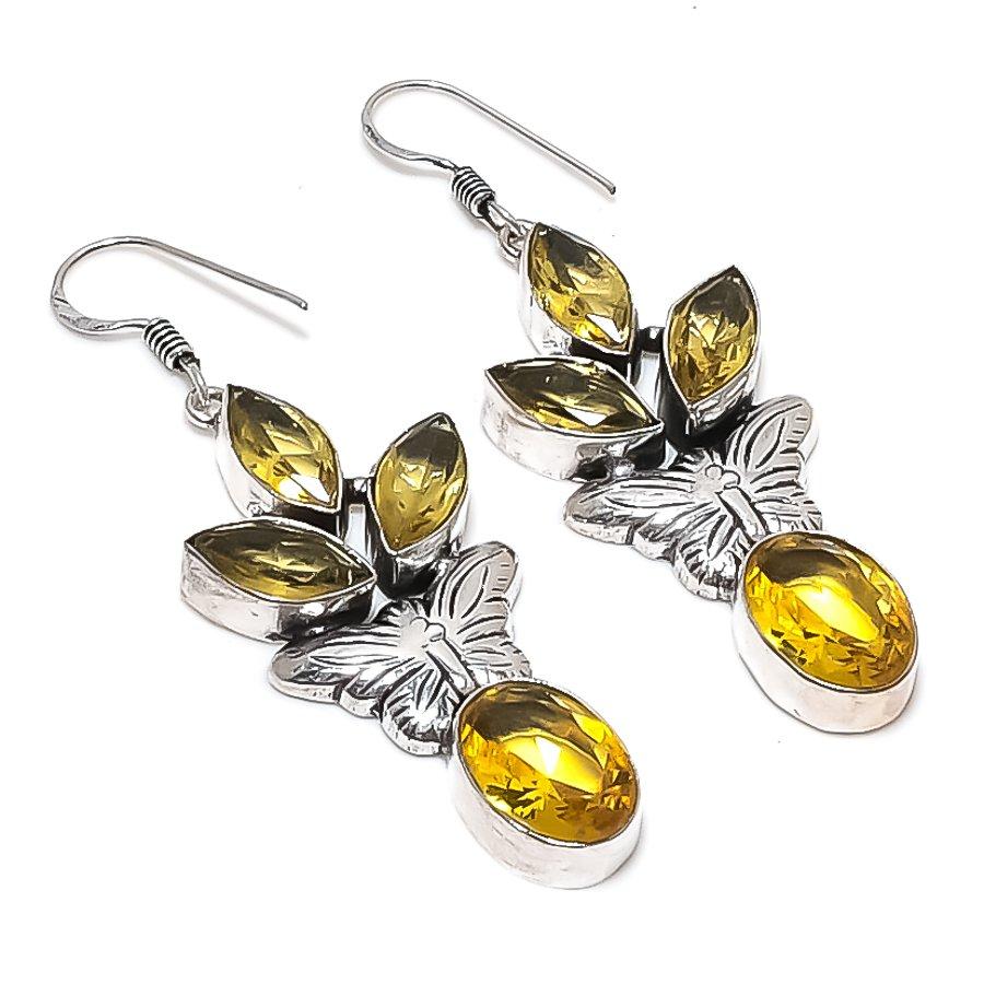 Natural Citrine Gemstone Handmade 925 Sterling Silver Jewelry Earring 2.44" h4i15