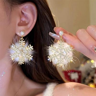 Christmas Full Rhinestone Plush Ball Snowflake Drop Earrings Glitter Imitation Pearl Snow Flower Holiday Jewelry For Women Men