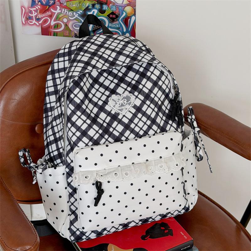 Schoolbag Sea Salt Blue and White Plaid Splicing Lace Backpack Sweet Junior High School Schoolbag Women Travel Small Backpack
