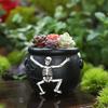 Spiderwebs Cauldron Plant Pot, Halloween Resins Skull Planter for Mini Succulents, Small Decorative Container for Desk Shelf and Windowsill Styling