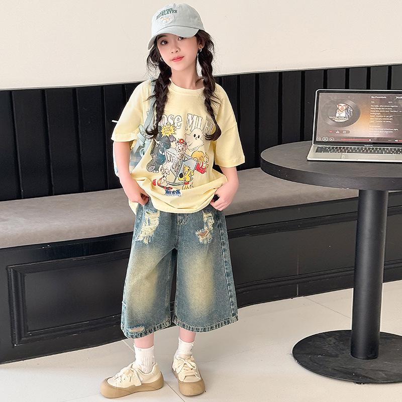 Girls' Summer Denim Wide-Leg Capri Pants - Ripped Korean Style