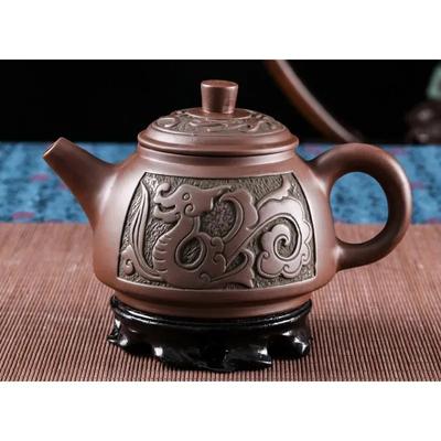 Yixing Bule de chá de bronze antigo com grande capacidade e dragão roxo para preparar chá, bule de chá de cerâmica doméstica e conjunto de chá 550ml