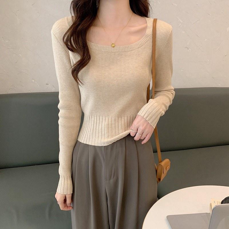 

Женская весна-осень с квадратным воротником и длинным рукавом, однотонная тонкая верхняя одежда, короткий вязаный свитер OneSize абрикосовый