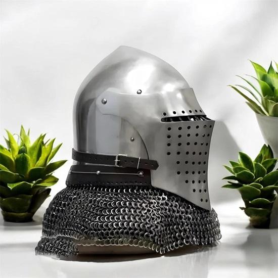 Medieval Crusader Knight Great Helmet Spoleto Bascinet Helmet With Chainmail Aventail Handmade